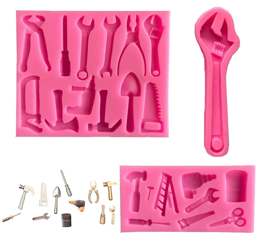 3-teilige Silikon-Fondantformen, 3D-Werkzeuge aus hartem Silikon, Schraubenschlüssel-Kuchenform, geeignet für die Kuchenherstellung (rosa)
