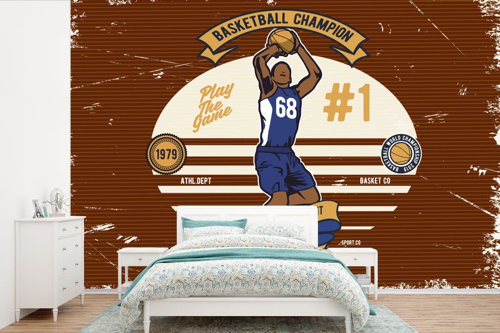 MuchoWow Fototapete für Wohnzimmer oder Schlafzimmer Wandtapete Vinyl Motivtapete Mancave - Basketball - Retro - Rot - 360x240 cm - Vinyl-Tapete