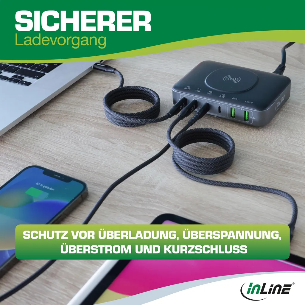InLine Qi Powerstation Multiport 100W GaN - Alimentatore USB C 6 Porte - 8