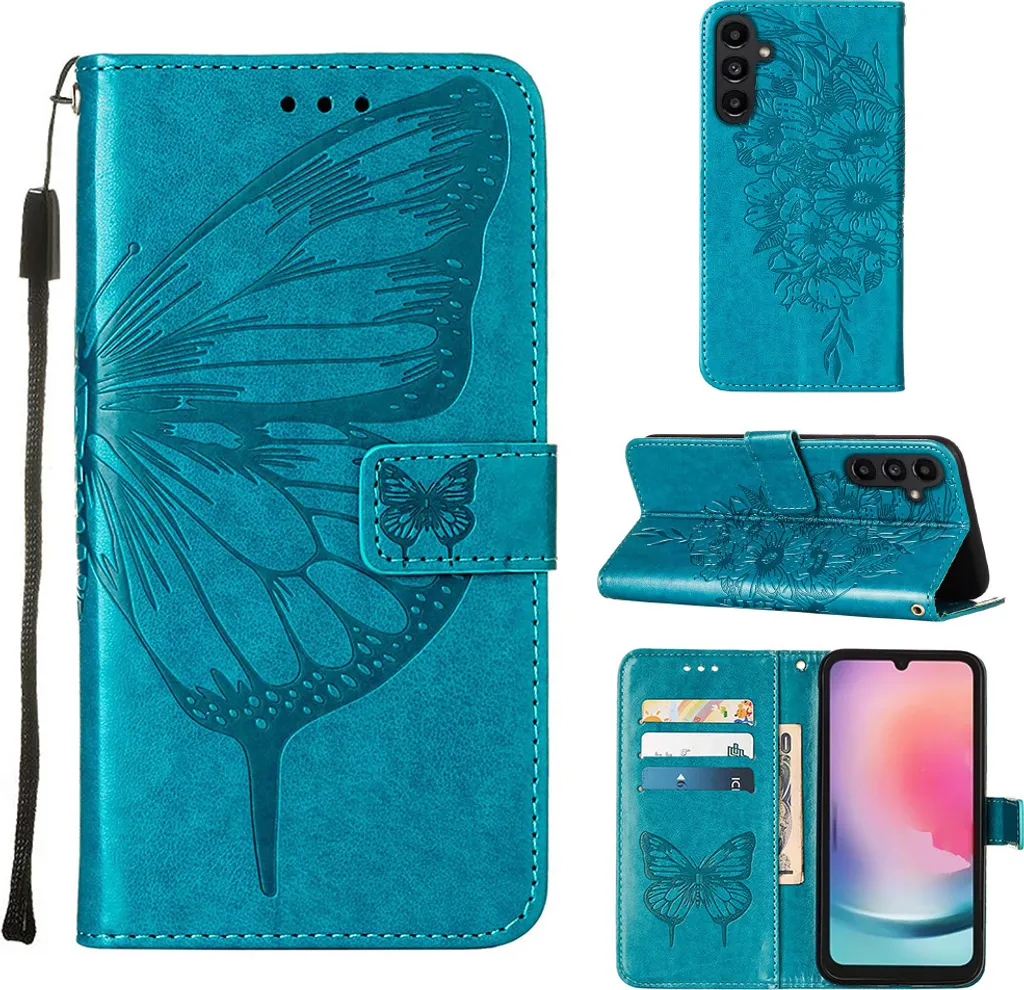 Custodia Protettiva Samsung A24 4G Blu - Pelle Shockproof Farfalla