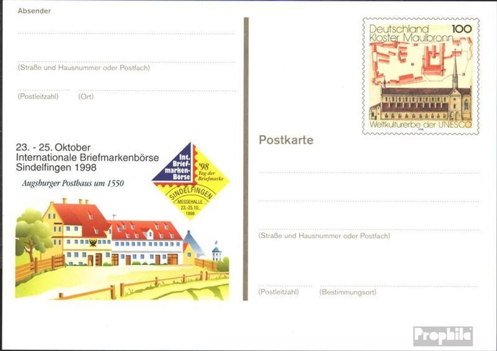 Belege Ganzsachen BRD (BR.Deutschland) 1998 PSo55 Amtliche Sonderpostkarte Kloster Maulbronn