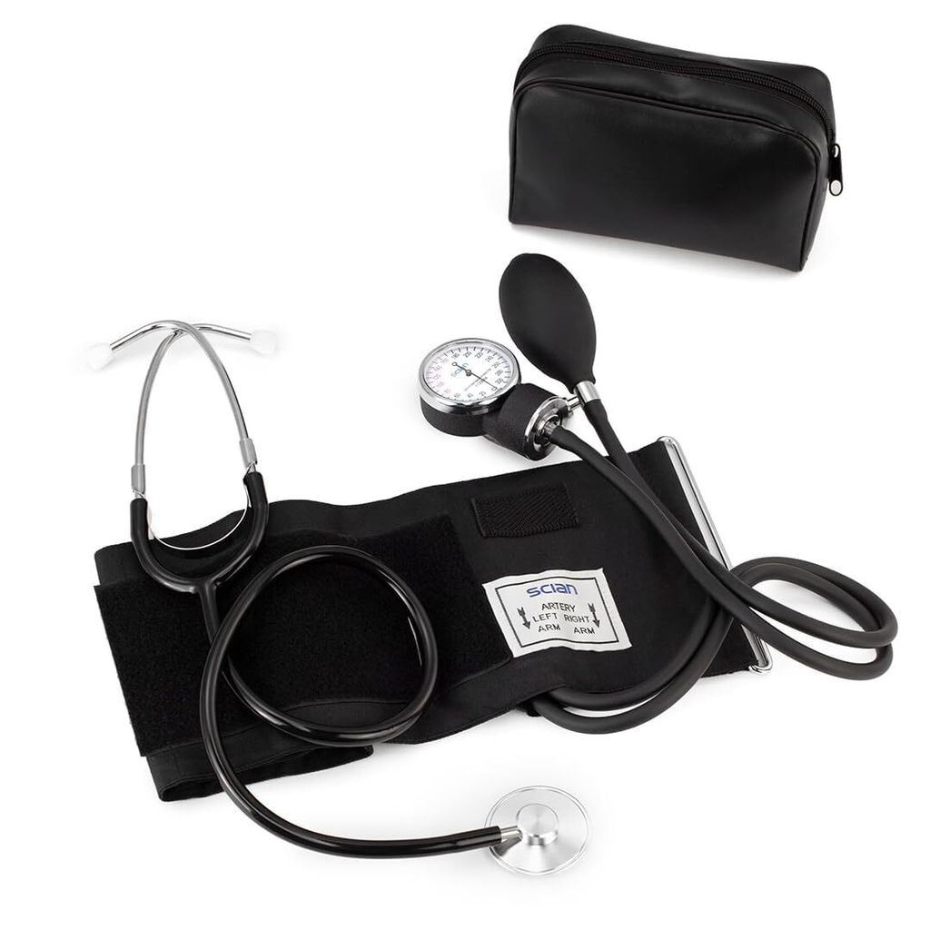A manual blood pressure monitor and stethoscope are laid out on a white background, along with a black carrying case.