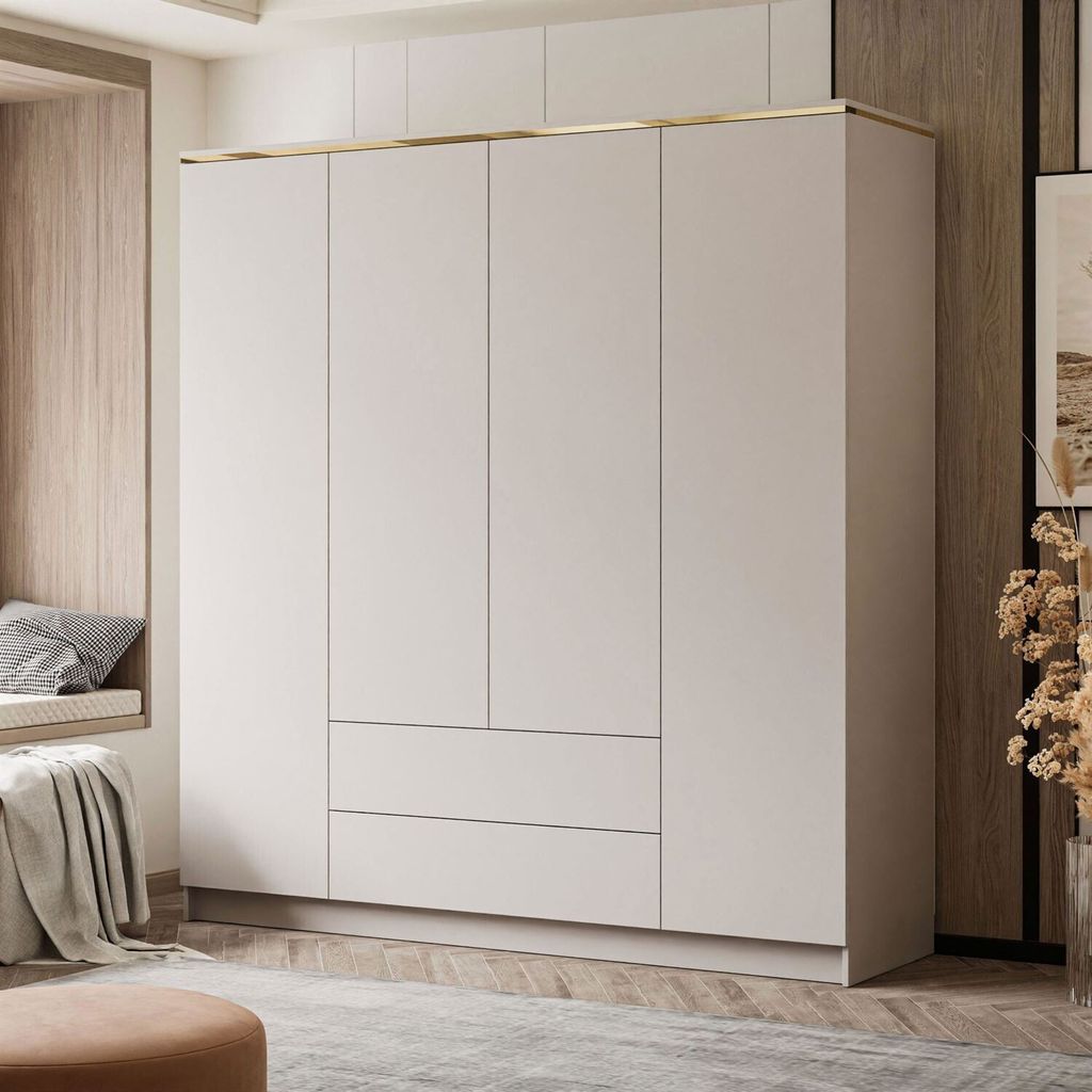 A modern bedroom with a large wardrobe and a window seat.