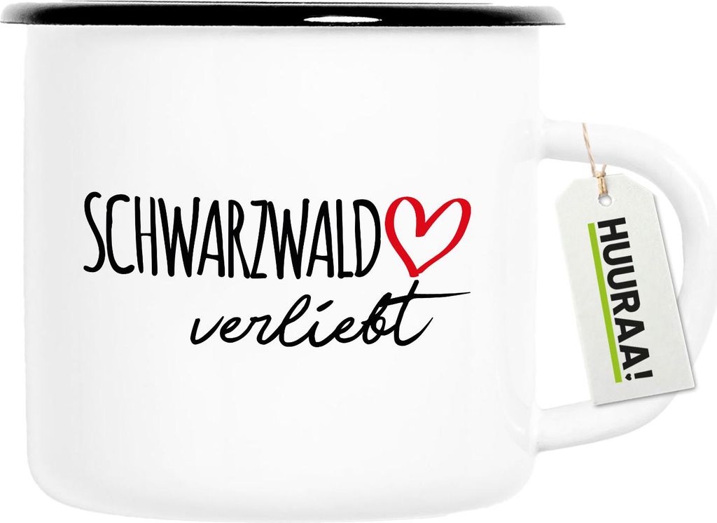 Huuraa Emaille Tasse Schwarzwald verliebt 300ml Vintage Campingbecher Geschenkidee