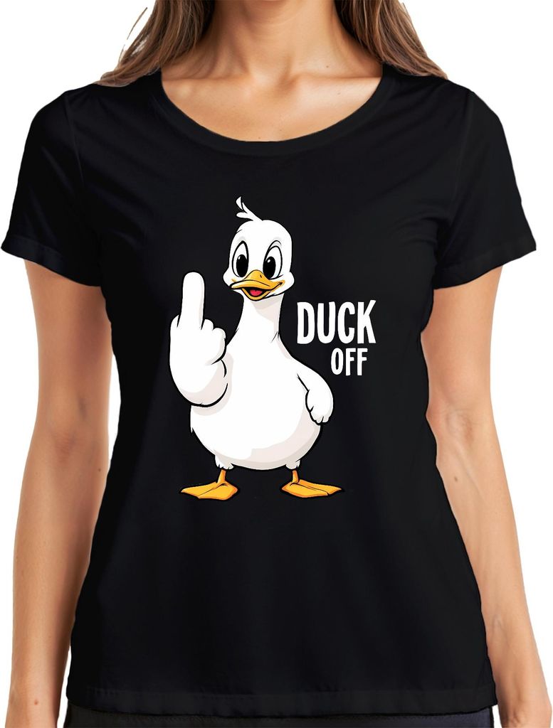 DUCK OFF Lustige Ente Mittelfinger Frech Sarkastisch Statement Damen T-Shirt, Schwarz, 3XL