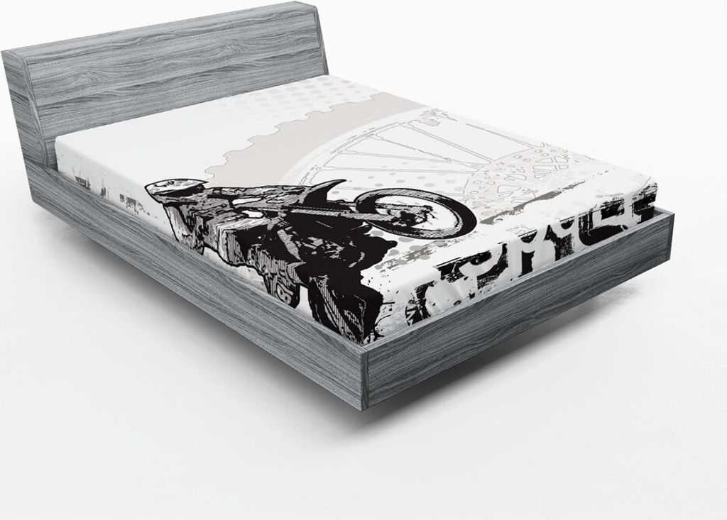 ABAKUHAUS Motorrad Spannbetttuch, Motocross Racer Bild Grungy Hintergrund Poster Stil Einfarbige Grafik Druck, 135 x 190 cm, Weiß Schwarz