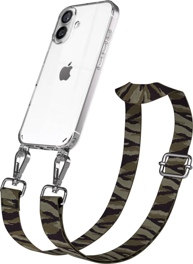 EAZY CASE Handykette - Verstellbarer Trageriemen kompatibel mit Apple iPhone 16, Handykordel mit transparenter Silikon-Hülle, Karabiner Silber, Ca...