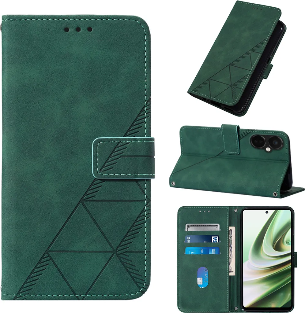 Custodia in pelle flip per OnePlus Nord CE3 custodia con design a portafoglio con goffratura, porta carte e supporto verde