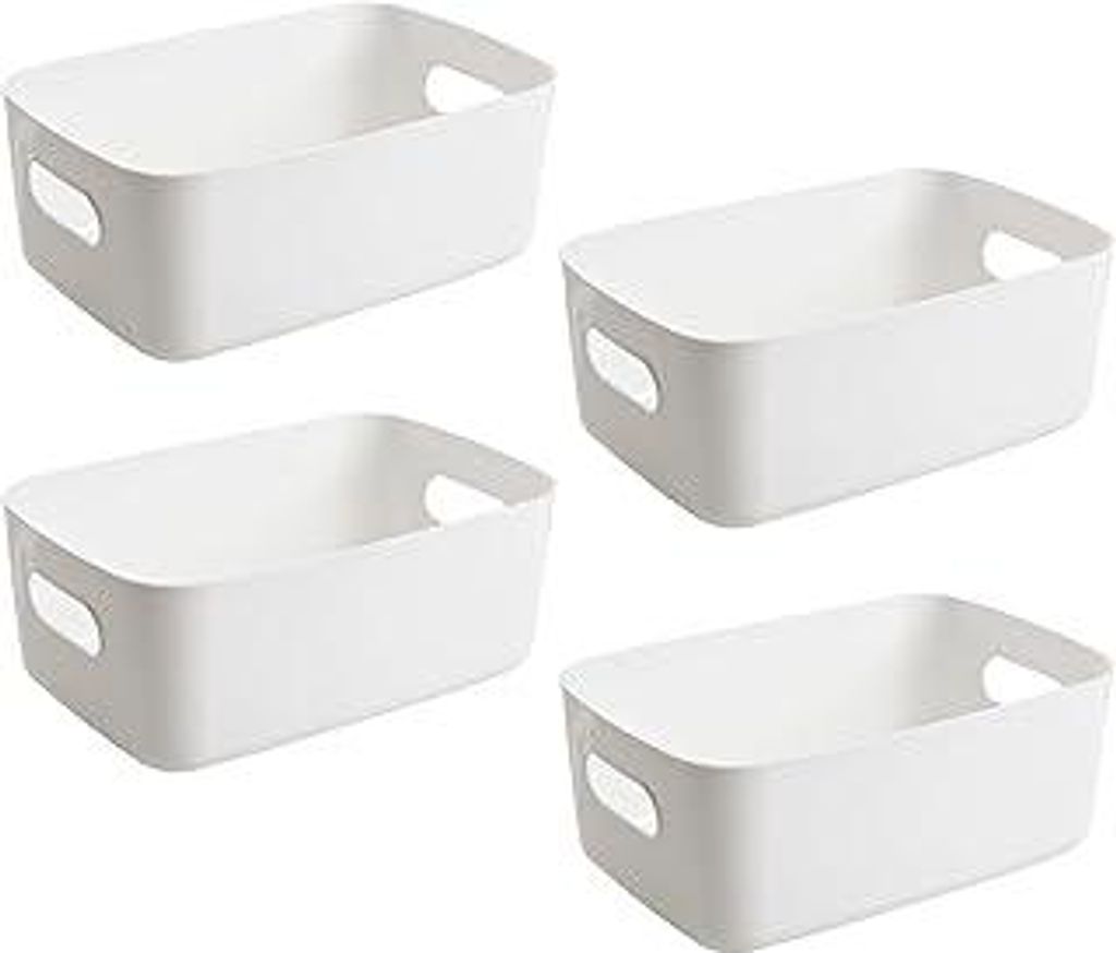 Aufbewahrungsbox Weiß, 4 Stück Aufbewahrungskisten, Aufbewahrungsbox Kunststoff, Korb Plastik, Ordnungsbox, Multifunktion Geeignet für Küche Ba...