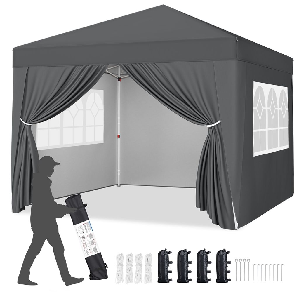 Yaheetech 3 x 3 m Pavillon verstellbarer Faltpavillon mit 4 Seitenwänden & Rolltasche UV-Schutz 50+ wasserdicht Dunkelgrau