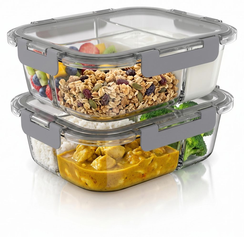 Arendo Frischhaltedosen Glas mit Deckel, 3 Fächer, Lunchbox, Vorratsdosen, 2er Set, rechteckig 1050 ml, stapelbar, Bento, Meal Prep, Mikrowellen-,...