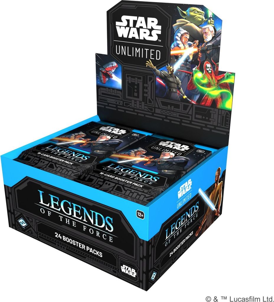 A display box of Star Wars Unlimited: Legends of the Force booster packs.