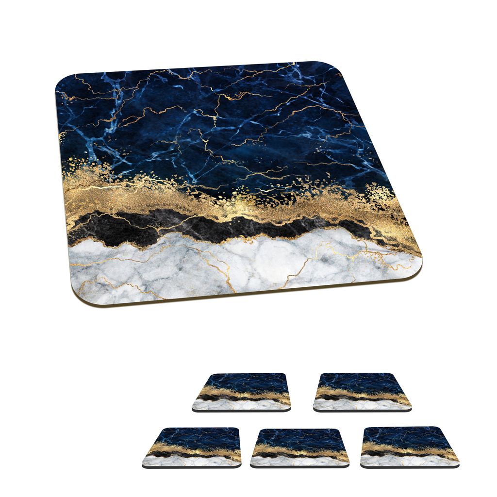 KitchenYeah Glasuntersetzer Quadratisch 6er Set Marmor - Weiß - Gold - Luxus 10x10 cm Untersetzer für Gläser - Getränkeuntersetzer - Tischpl...
