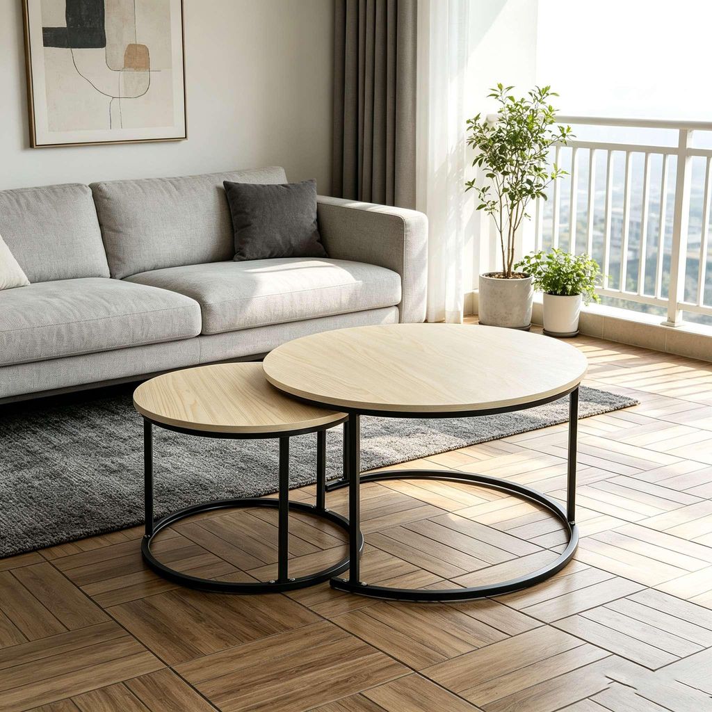 Couchtisch Rund aus Holz,Satztisch 2er Set,Imitation Marble Produktbild 