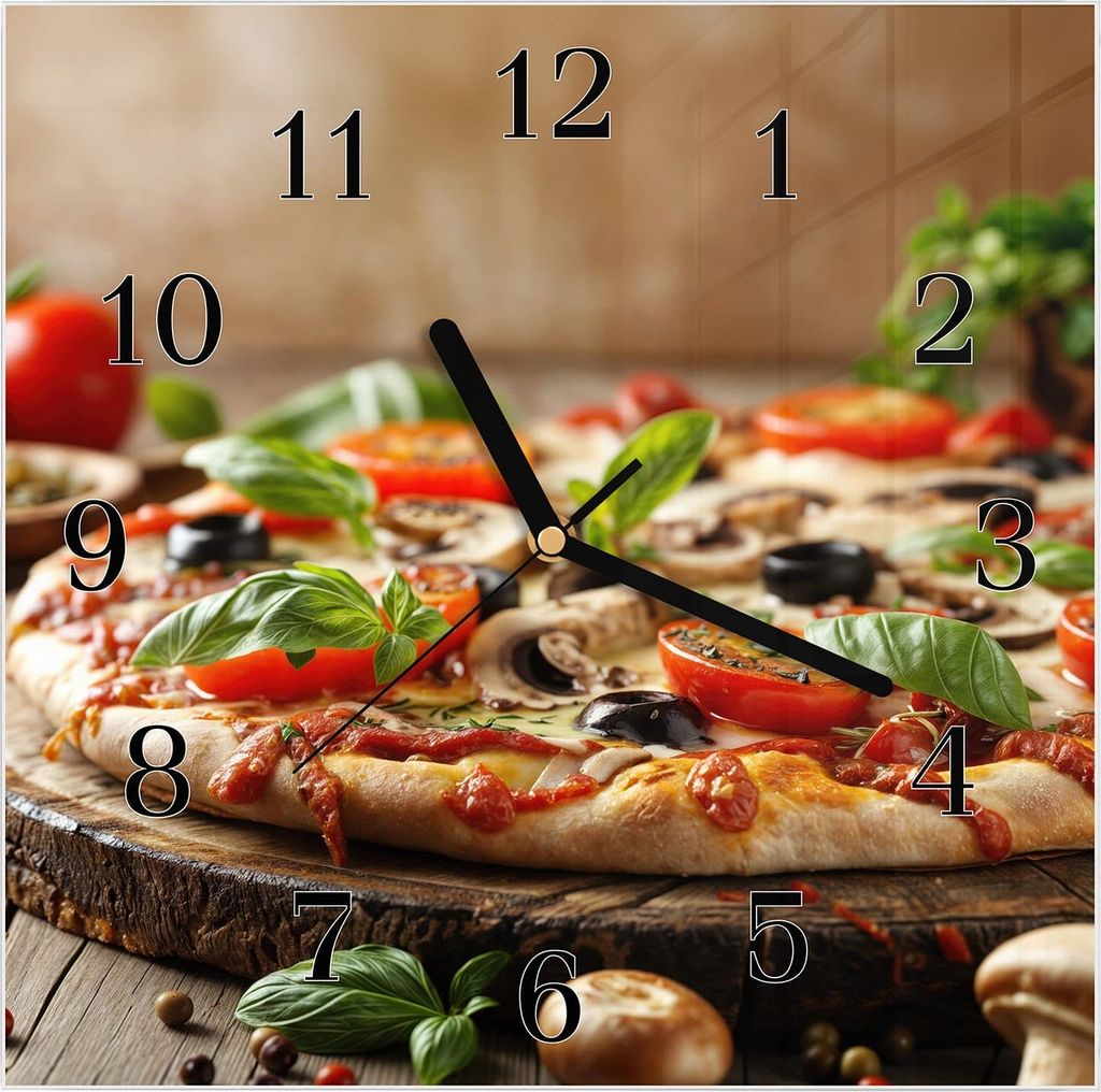 Wanduhr aus Glas mit Motiv Pizza im Holzofen- 30 x 30 cm - inkl. Aufhängesystem