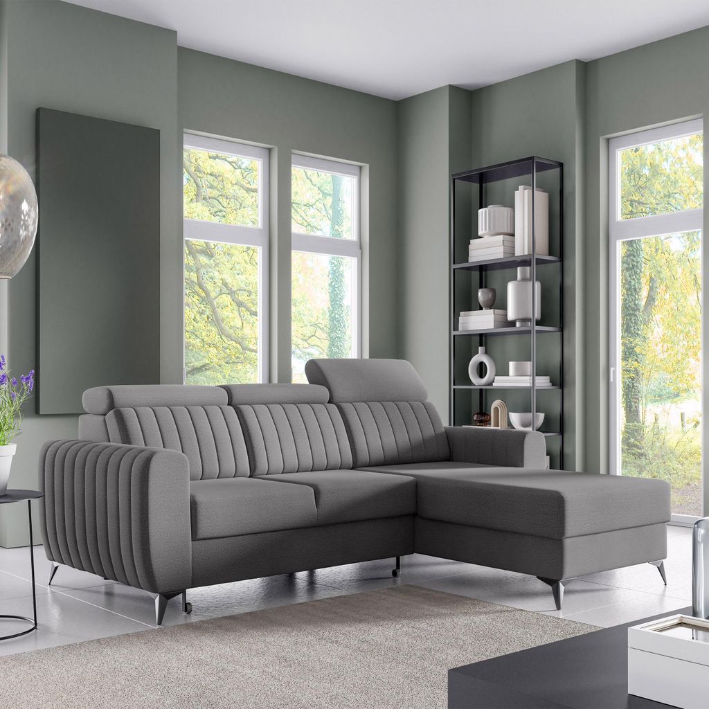 Ecksofa CONNOR I - mit Schlaffunktion, Bettkasten & universeller Ottomane, Dunkelgrau