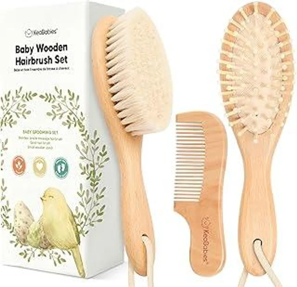 Set spazzola e pettine per neonati - Spazzola per neonati con setole morbide di capra, set di spazzole e pettini in legno per neonati, spazzola per neonati, spazzola per bambini piccoli, spazzola per neonati, cuffia per culla (noce)