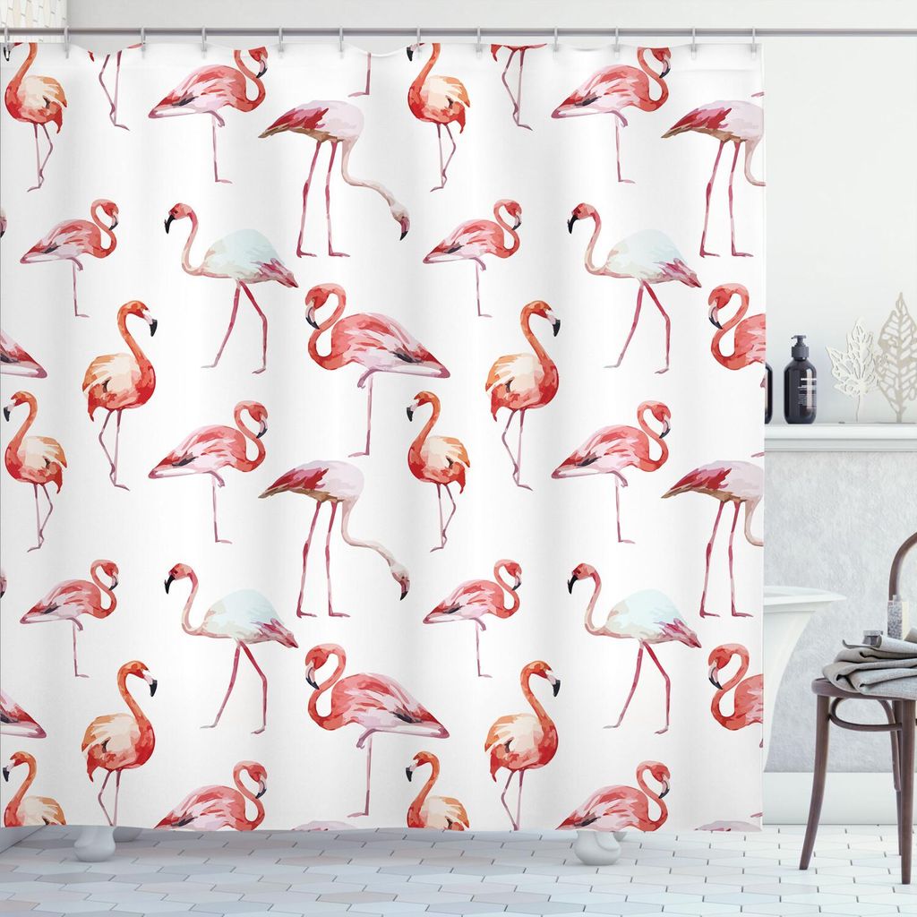 ABAKUHAUS Flamingo Duschvorhang, Aquarell wiederholendes Muster mit exotischen Vögeln Tier Themed Bild, 175 x 220 cm, Pale Pink Coral