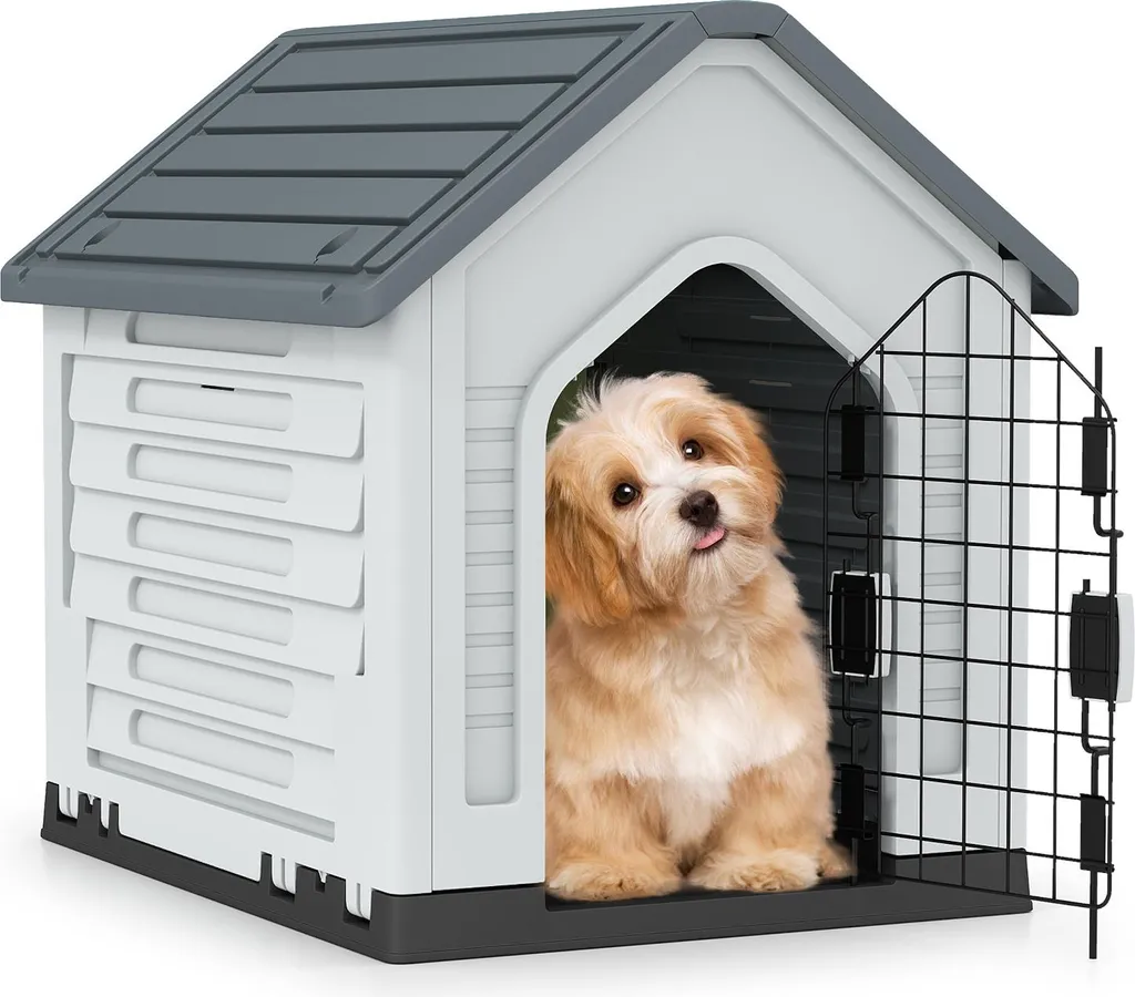 Cuccia per cani da esterno COSTWAY, casetta per cani resistente alle intemperie con porta in metallo chiudibile a chiave, fessure di ventilazione, tetto spiovente, gabbia per cani da interno grigio