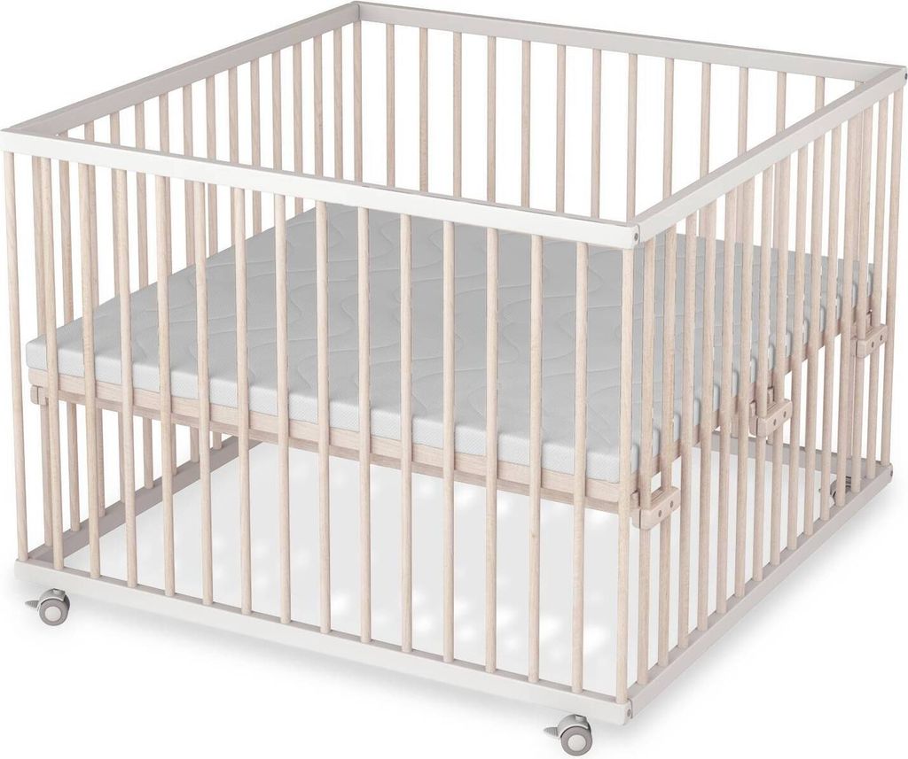 Laufgitter 100x100 cm mit Lattenrost & Matratze Basic und Schlupfsprossen - weiß/natur - Premium Kollektion