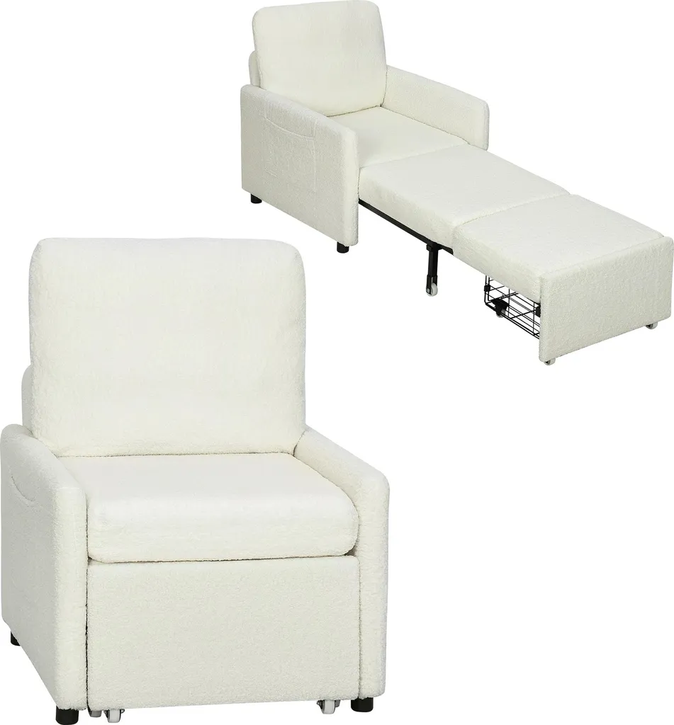 Chauffeuse lit 1 place crème en tissu bouclé avec rangement et poches