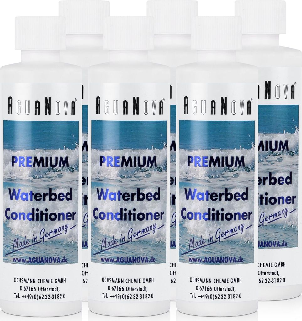 A collage of six bottles of waterbed conditioner.