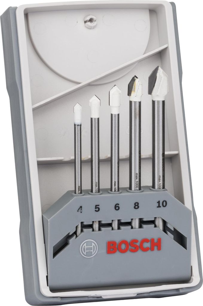 A set of Bosch ceramic drill bits in a gray plastic case.