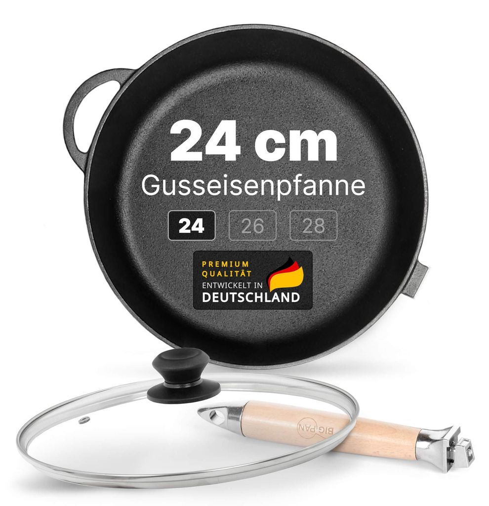 Premium tiefe Gusseisenpfanne 24 cm mit Glasdeckel Produktbild 