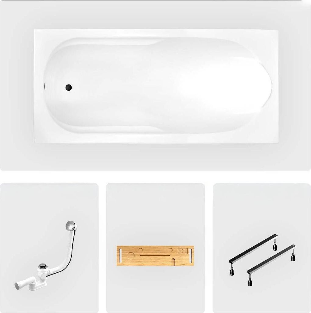 Rechteckige Badewanne - 150 x 70 cm - ohne Verkleidung - mit Füßen - Bambusablage - Chromablauf - BONA