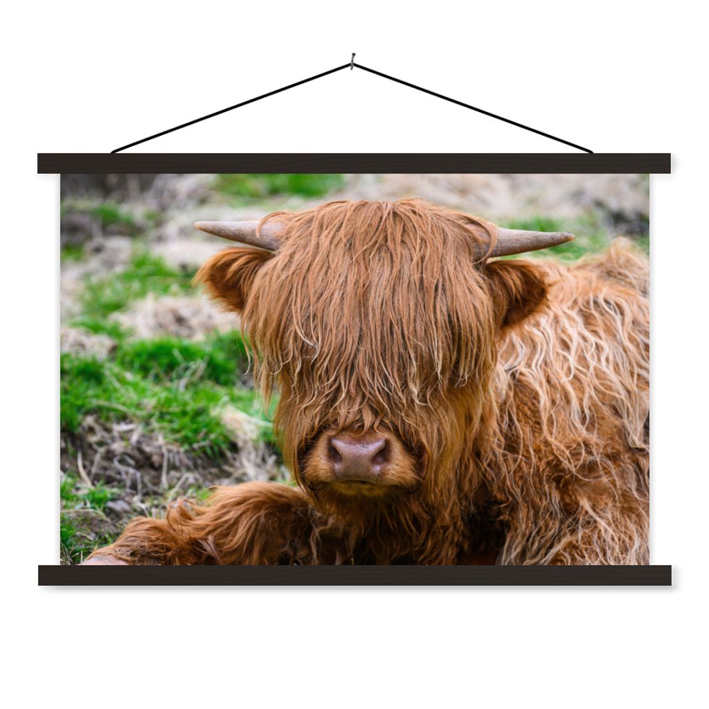 MuchoWow Textilposter Schottischer Highlander - Heu - Gras 120x80 cm mit schwarzem Rahmen - Wanddeko