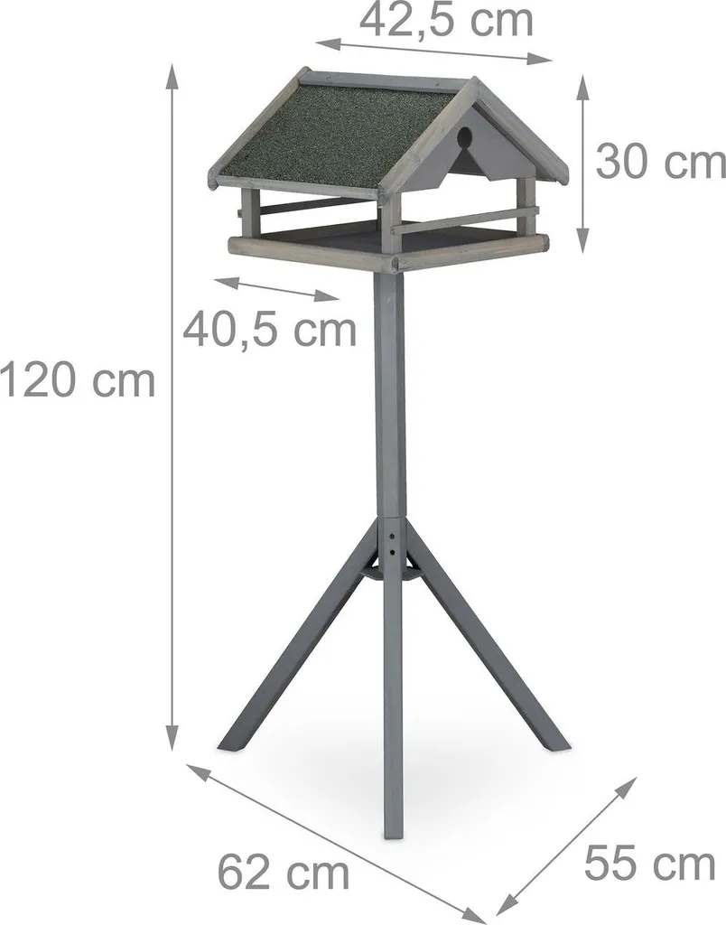 Table à oiseaux grise sur poteau stable - Bois robuste résistant UV