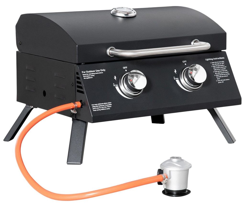 Tischgrill Mobiler Gasgrill Bbq Mit 2 Brennern, Grillnetz, Outdoor, Edelstahl, Schwarz, 55X46,5X41Cm, Klein, Picknick
