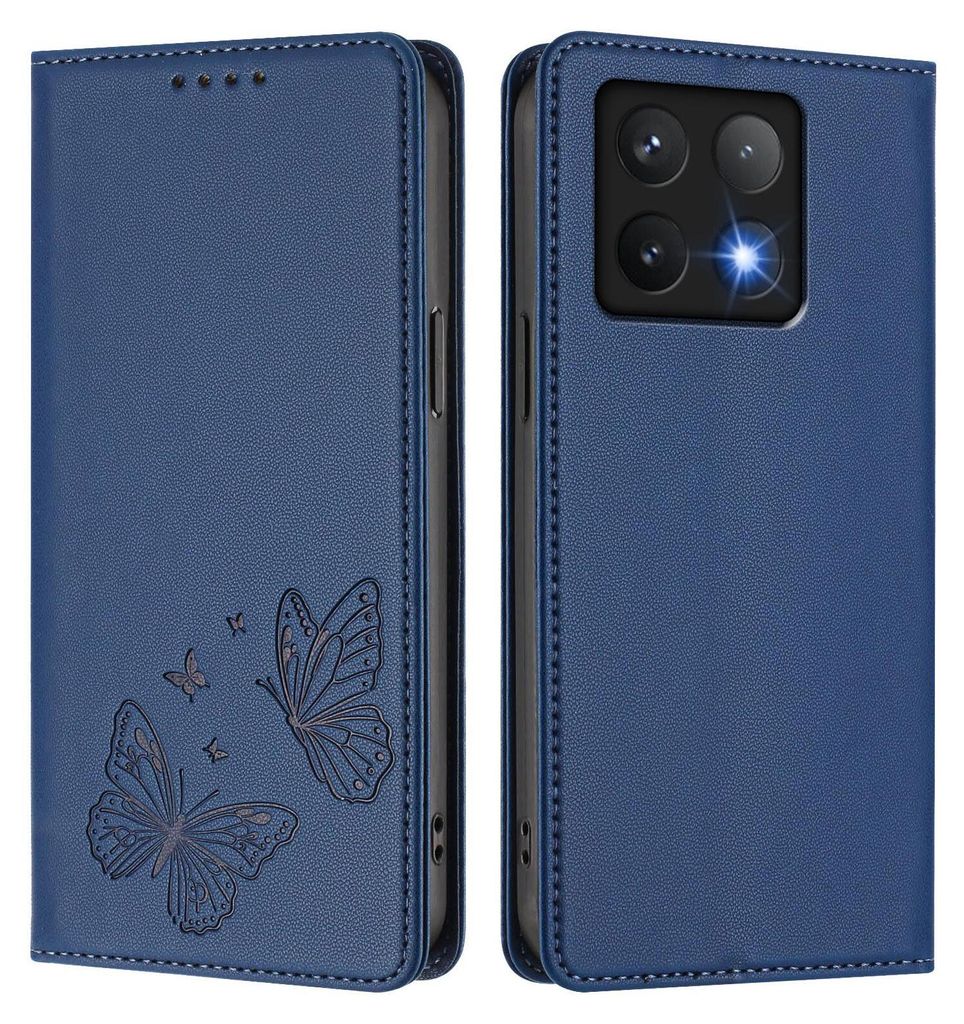 Lederhülle für Xiaomi 14T Pro, Schmetterling Prägung Leder Brieftasche Schutzhülle mit Ständer Dunkelblau