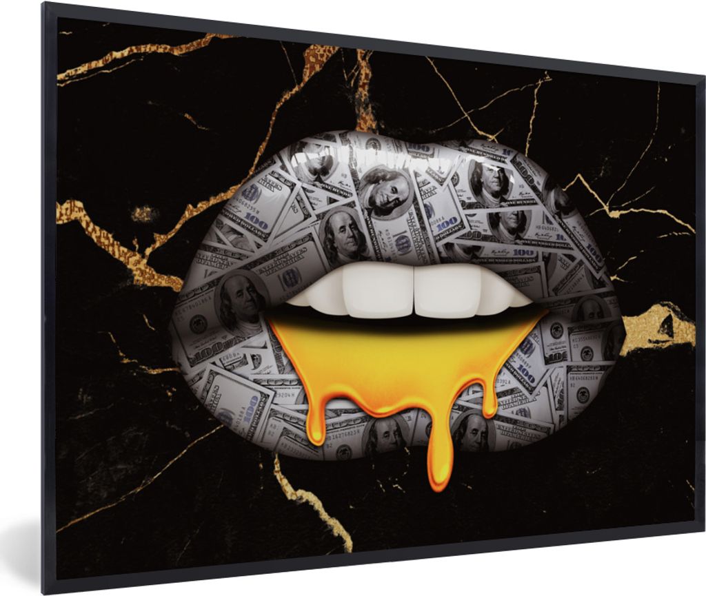 MuchoWow MuchoWow Gerahmtes Poster Lippen - Geld - Abstrakt 60x40 cm - Poster mit zchwarzem Bilderrahmen - Printing - Wanddeko Schlafzimmer