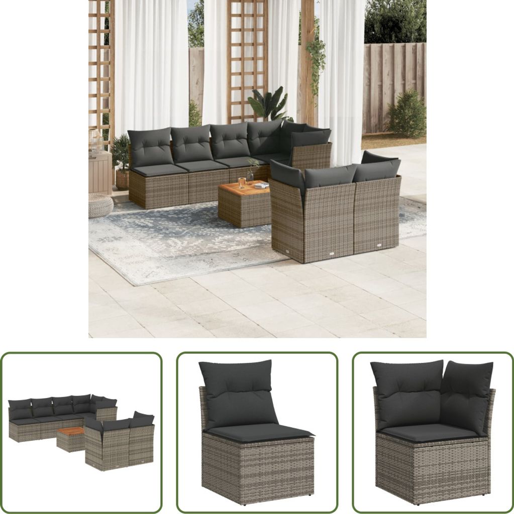The Living Store 8-tlg. Garten-Sofagarnitur mit Kissen Grau Poly Rattan