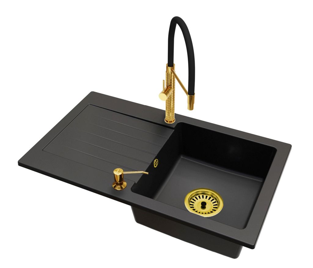 Granit Küchenspüle LEON Einbecken mit Abtropffläche inkl. Armatur Full Pro, Seifenspender und Raumsparsiphon