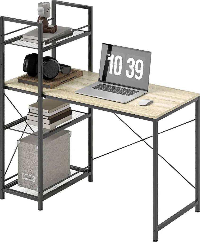 Bureau d'ordinateur avec rangement intégré bois de chêne et noir