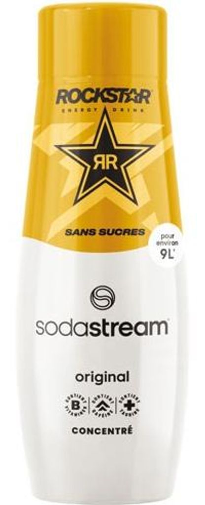 A bottle of Sodastream Rockstar Energy Original syrup.