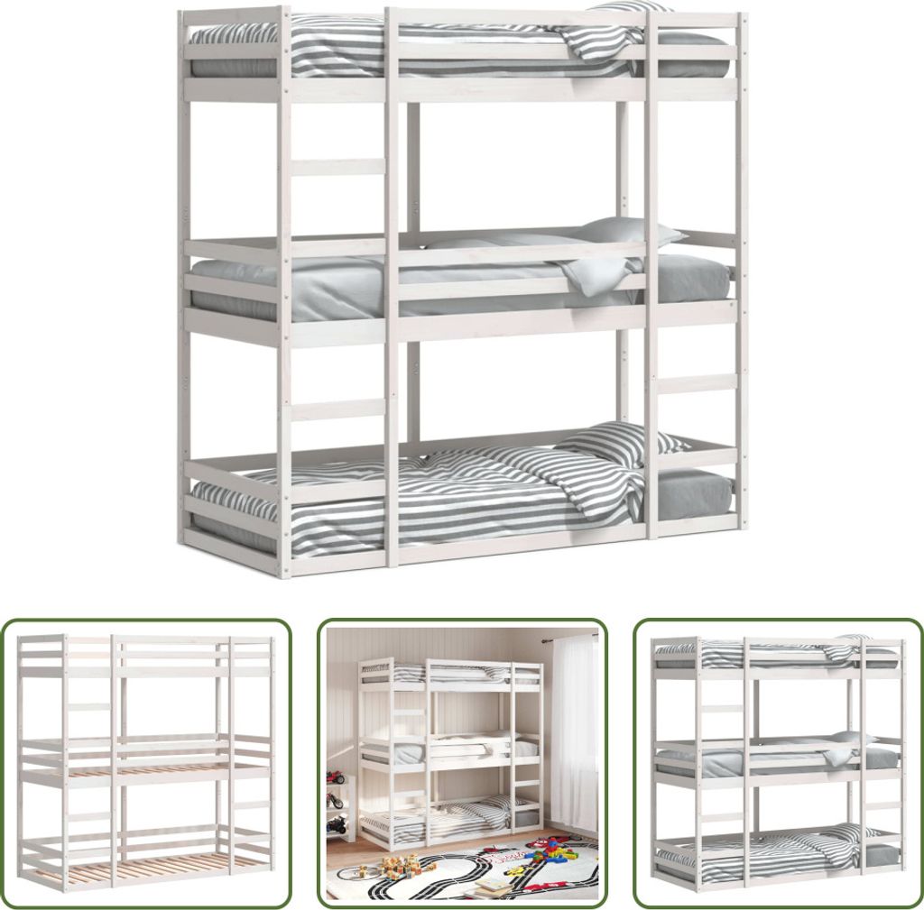 The Living Store Dreifach-Etagenbett Weiß 90x190 cm Massivholz Kiefer