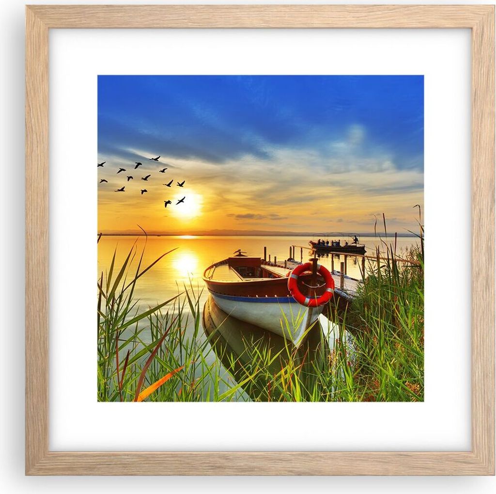 Gerahmtes Poster - Rahmen in heller Eiche - Boot See Sonnenuntergang Sommer Menschen - 30x30 cm - Wand Bild - Wanddeko - Wandbilder - Wandposter - ...