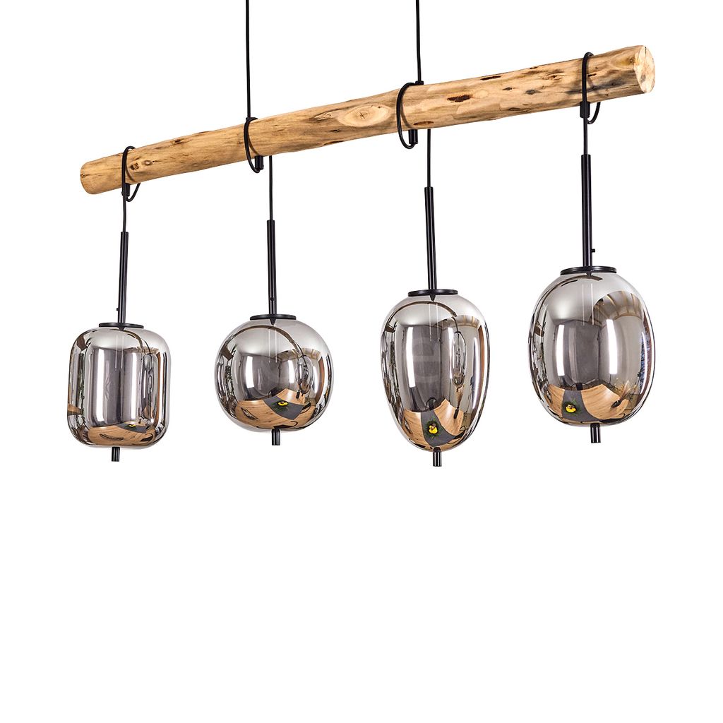 Ambrogio »Ambrogio« Hängelampe aus Metall/Holz/Glas, Schwarz/Natur/Rauchfarben