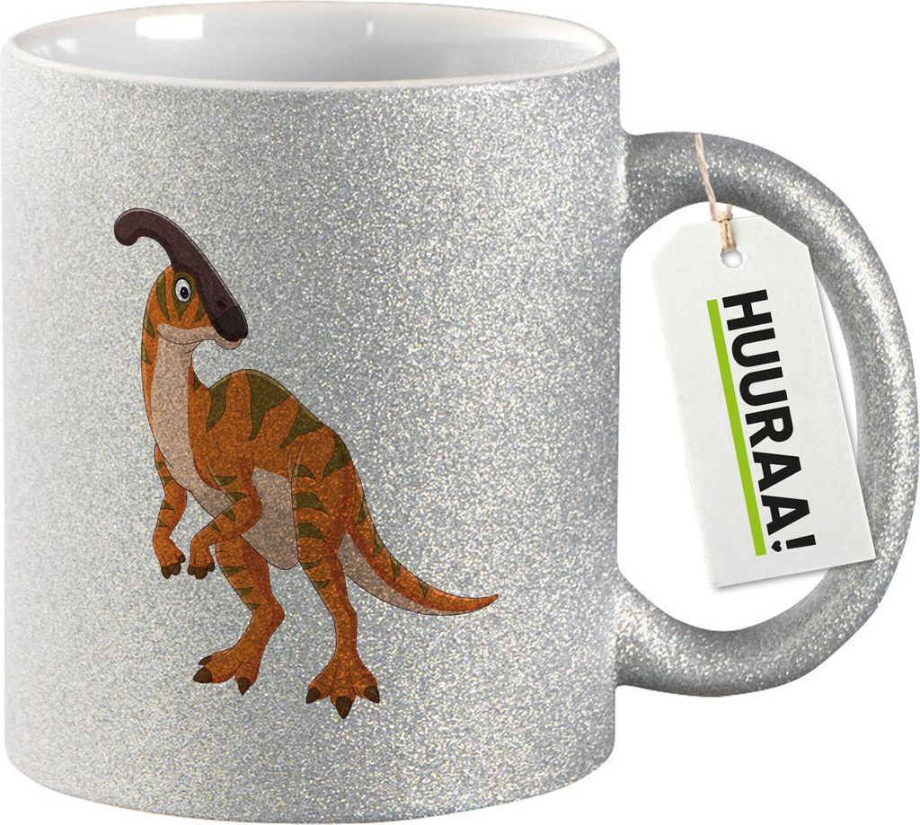Huuraa Glitzertasse Parasaurolophus Dinosaurier 330ml Silber Keramik Kaffeebecher Geschenkidee