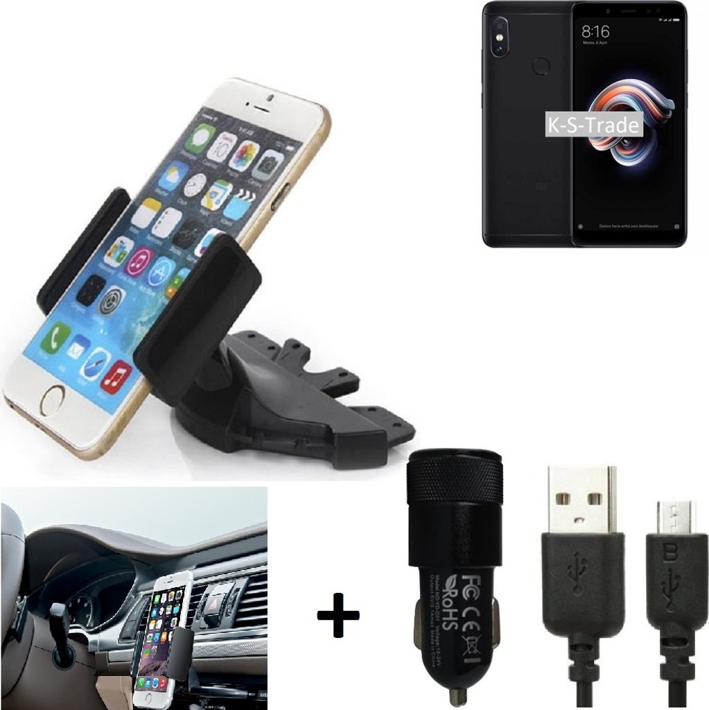 TOP SET K-S-Trade Autohalterung kompatibel mit Xiaomi Redmi Note 5 CD Schlitz Halterung KFZ-Halter Radio Handy Halterung 360° drehbar DVD-Schacht