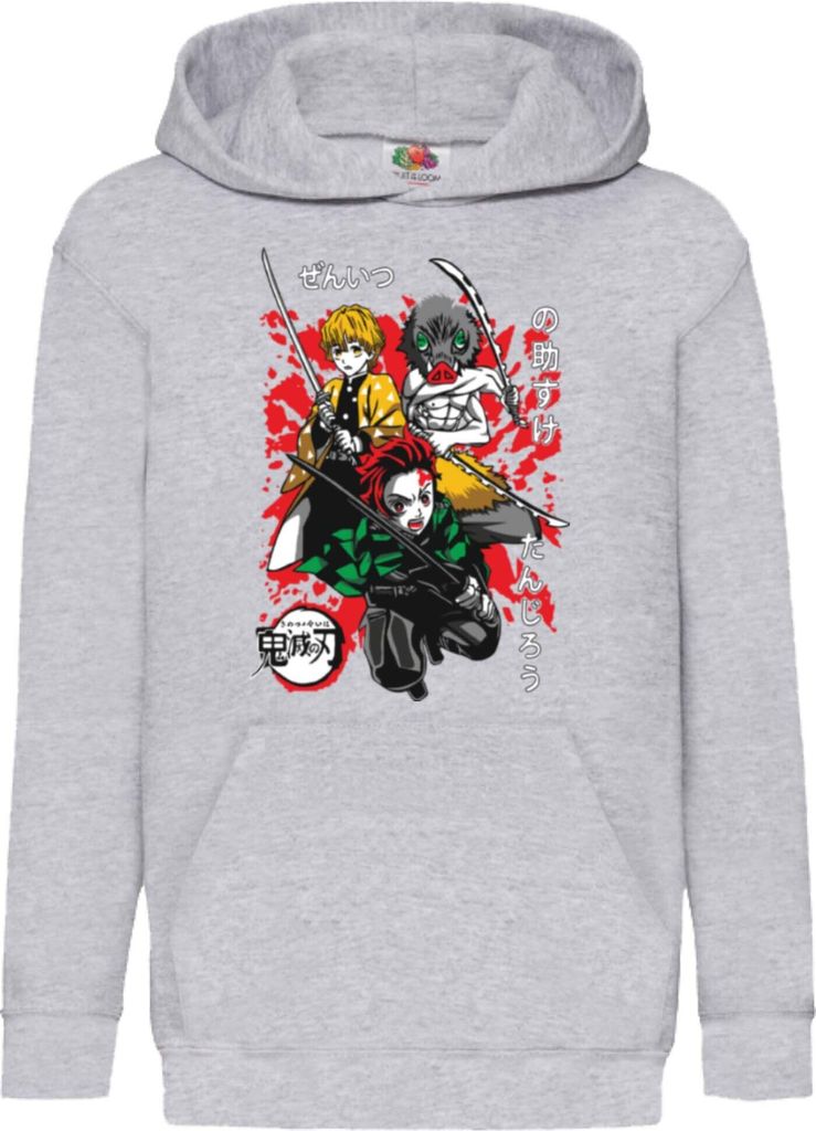 Kinder Kapuzenpullover Demon Anime Slayer Tanjiro Zenitsu Inosuke 002, 9-11 Jahr - 140 / Grau