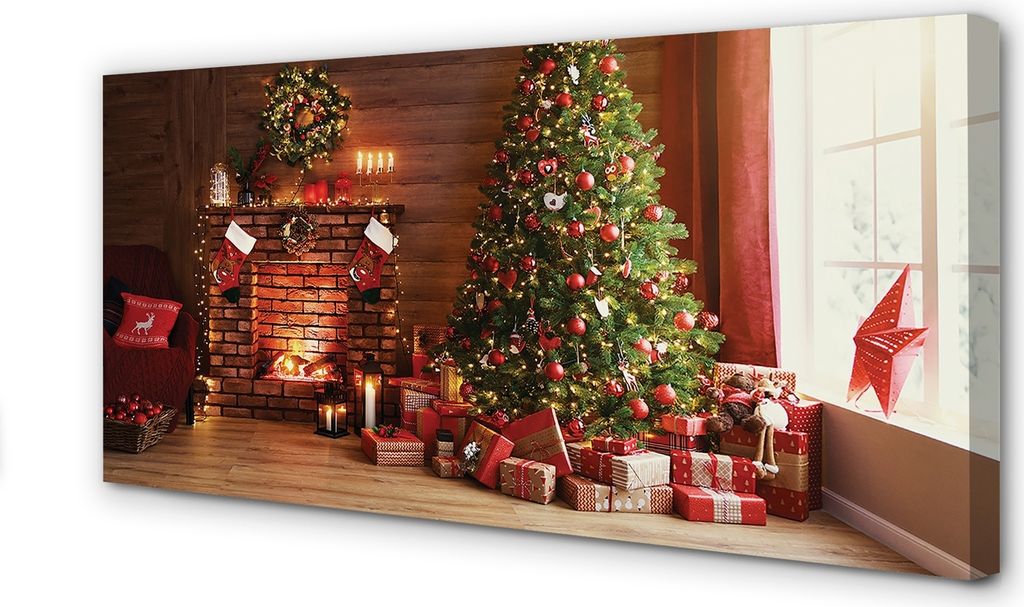 Leinwandbild 120x60 Wandkunst Kamin Geschenke Weihnachtsbaumbeleuchtungen