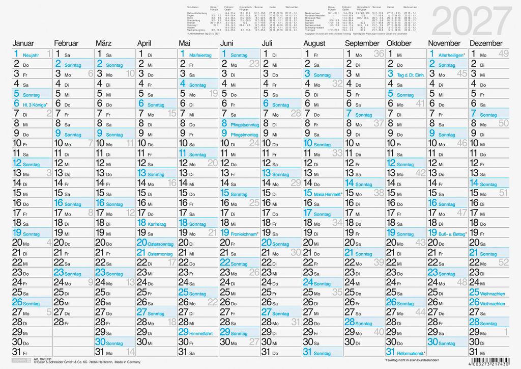 BRUNNEN Tafelkalender 2027 | A3 quer Produktbild 