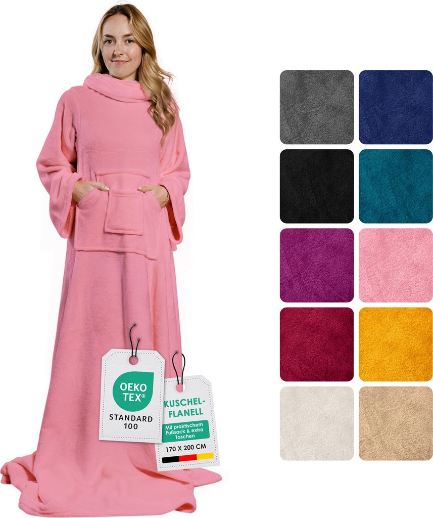 heimtexland Ärmeldecke TV Kuscheldecke mit Ärmeln Taschen Fußsack Super Soft Flanell tragbare Decke Ganzkörperdecke Typ870 Rosa 200x170 cm