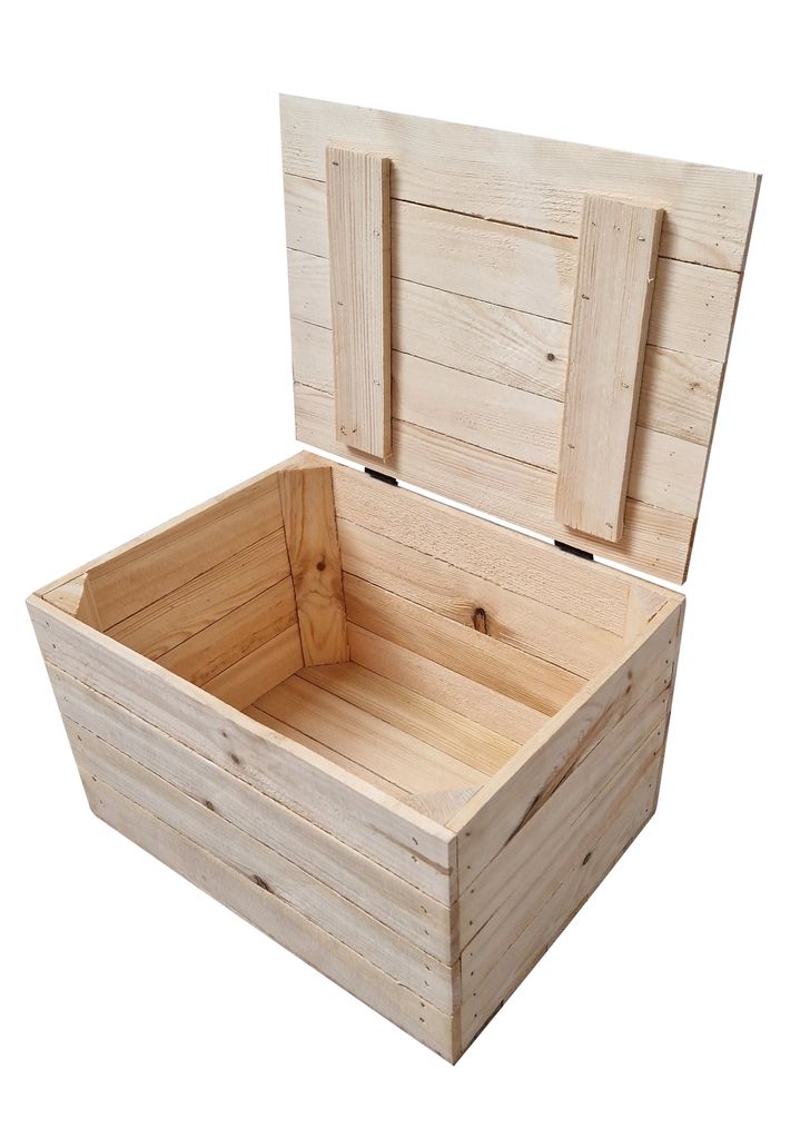 An open wooden chest with a lid, presented against a white background.