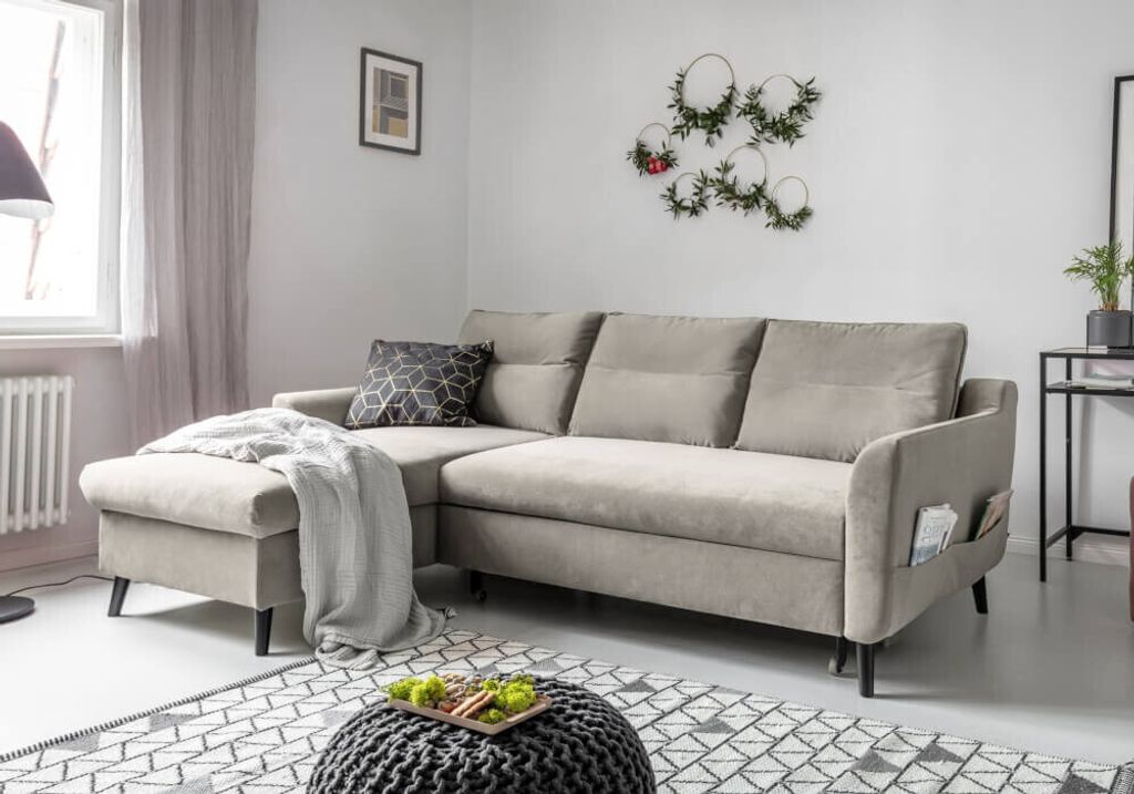 MIUFORM Stylish Stan Velours - Ecksofa mit Bettfunktion - 224x148cm - Beige - L-Form Links - Schlafsofa Couch