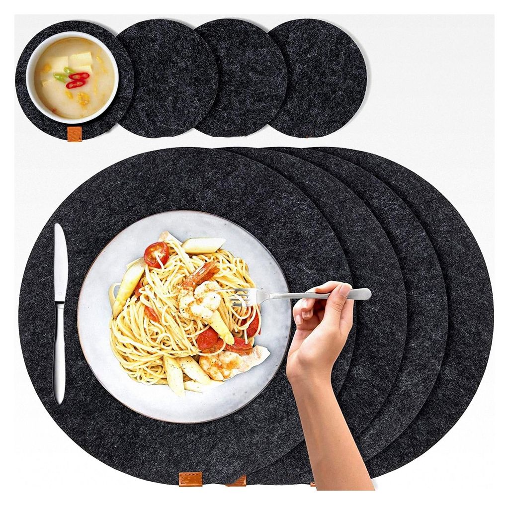 8-teiliges Set Filz Tischsets abwaschbar, 4 runde Platzdeckchen 34x34 cm, 4 rutschfeste Filzuntersetzer hitzebeständig in Dunkelgrau Anthrazit